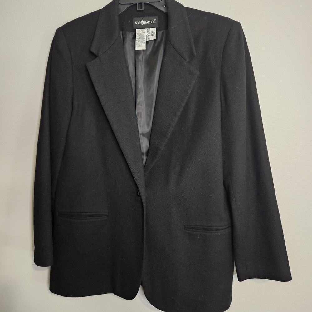 Sag Harbor Women's Black One Button Lined 100% Wool Blazer Jacket Size 14